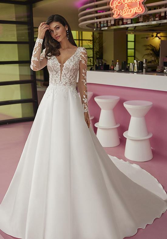 Vestido novia encaje manga larga con efecto tatuaje