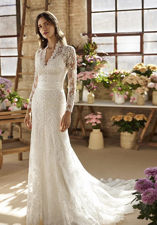 Vestido novia manga larga y botonadura central