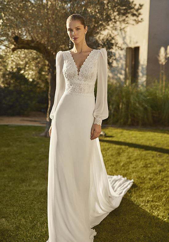 Vestido novia sencillo manga larga con transparencias