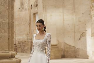 Vestidos de novia con manga larga y encaje, de escote cuadrado
