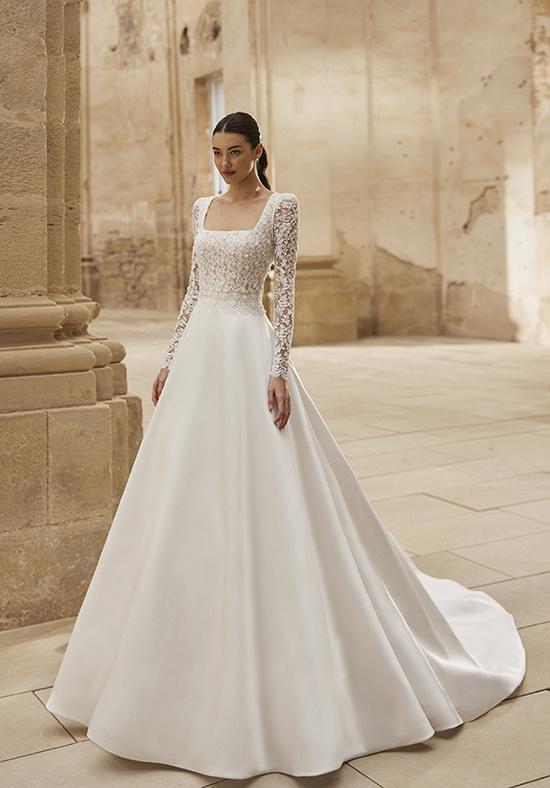 Vestidos de novia con manga larga y encaje, de escote cuadrado