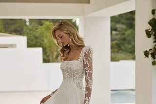 Vestidos de novia sencillos y elegantes manga larga y escote cuadrado