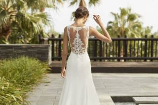 Vestidos de novia con espalda tattoo lace con motivos geométricos