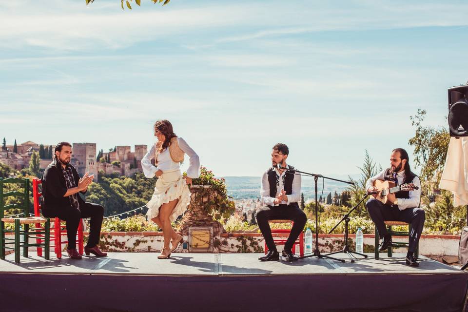 Grupo de músicos y una bailaora durante una actuación al aire libre con música flamenca