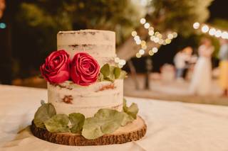 Tarta de boda seminaked cake con flores fucsia