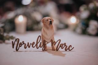 Perros boda: cake topper con los nombres de la pareja que se casa y un perro para poner en la tarta de boda