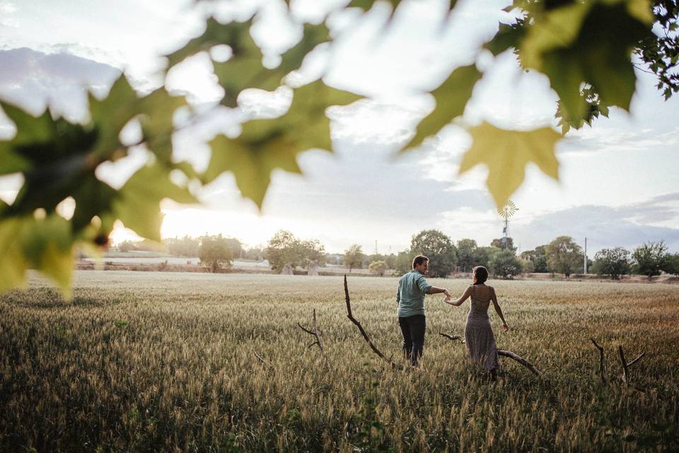 Pareja de espaldas caminando cogida de la mano por una pradera con muchas flores