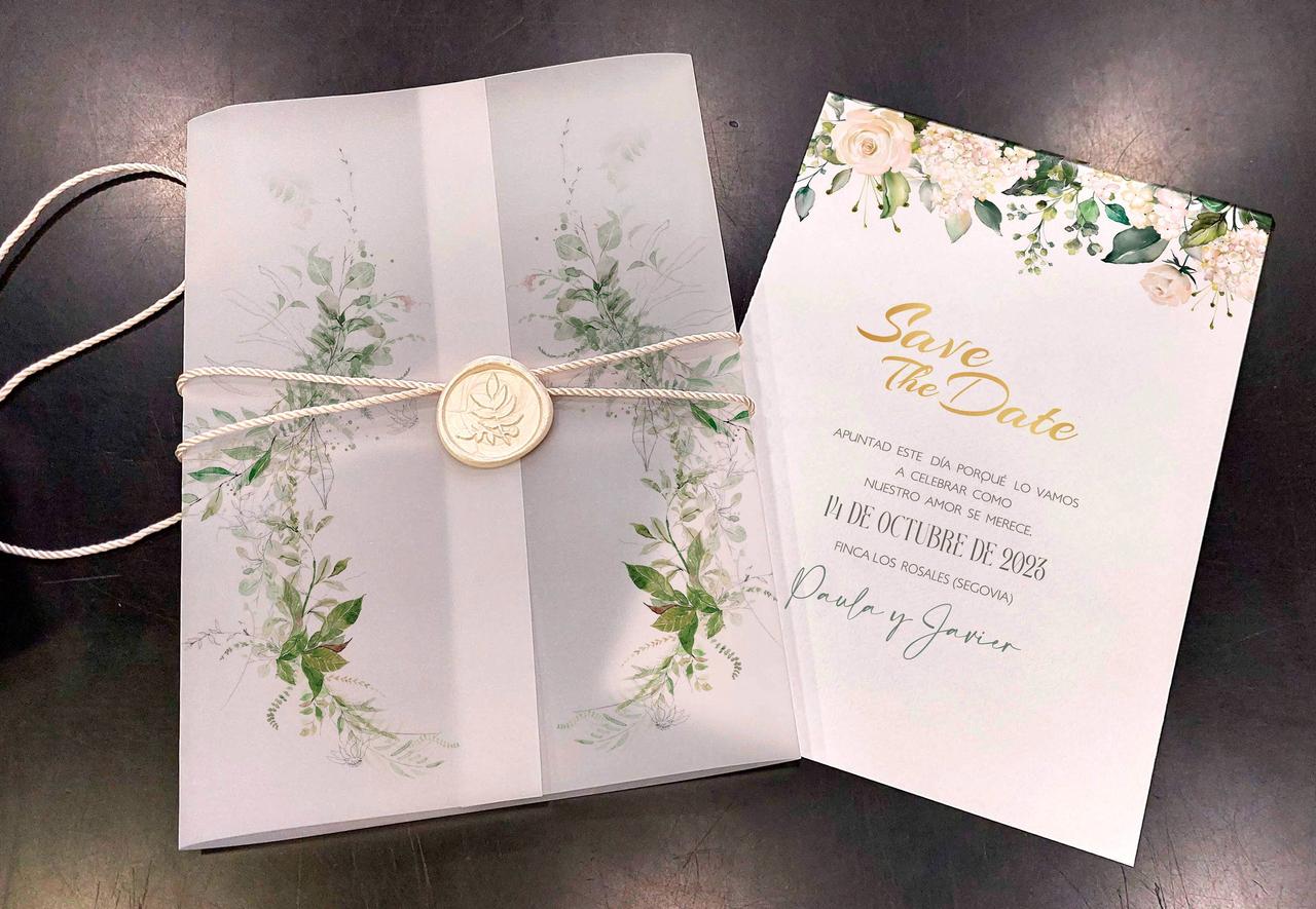 Papelería de boda: save the date con acuarela de hojas
