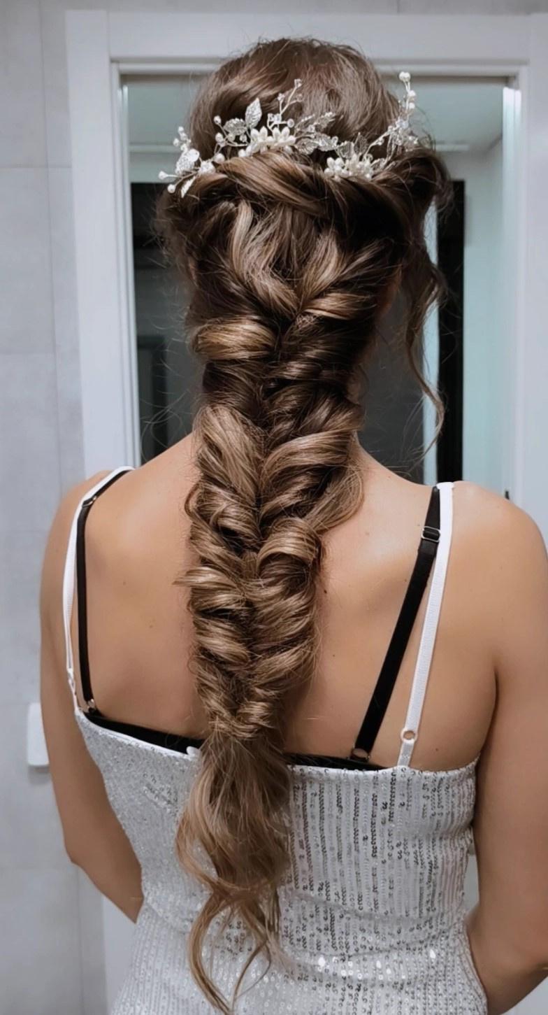peinados trenzas boda: trenza larga y ancha con tocado de flores blancas