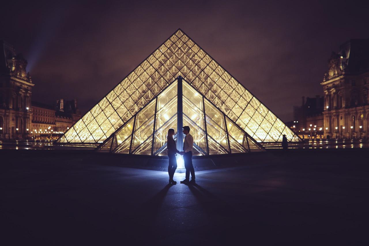 Dónde pedir matrimonio – en la Ciudad del amor, París: pareja cogida de la mano delante de la cúpula del Museo del Louvre de París
