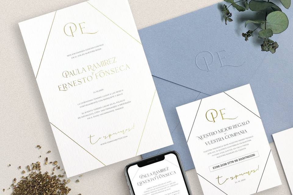 Set de invitación de boda elegante con formas geométricas y tarjetas complementarias