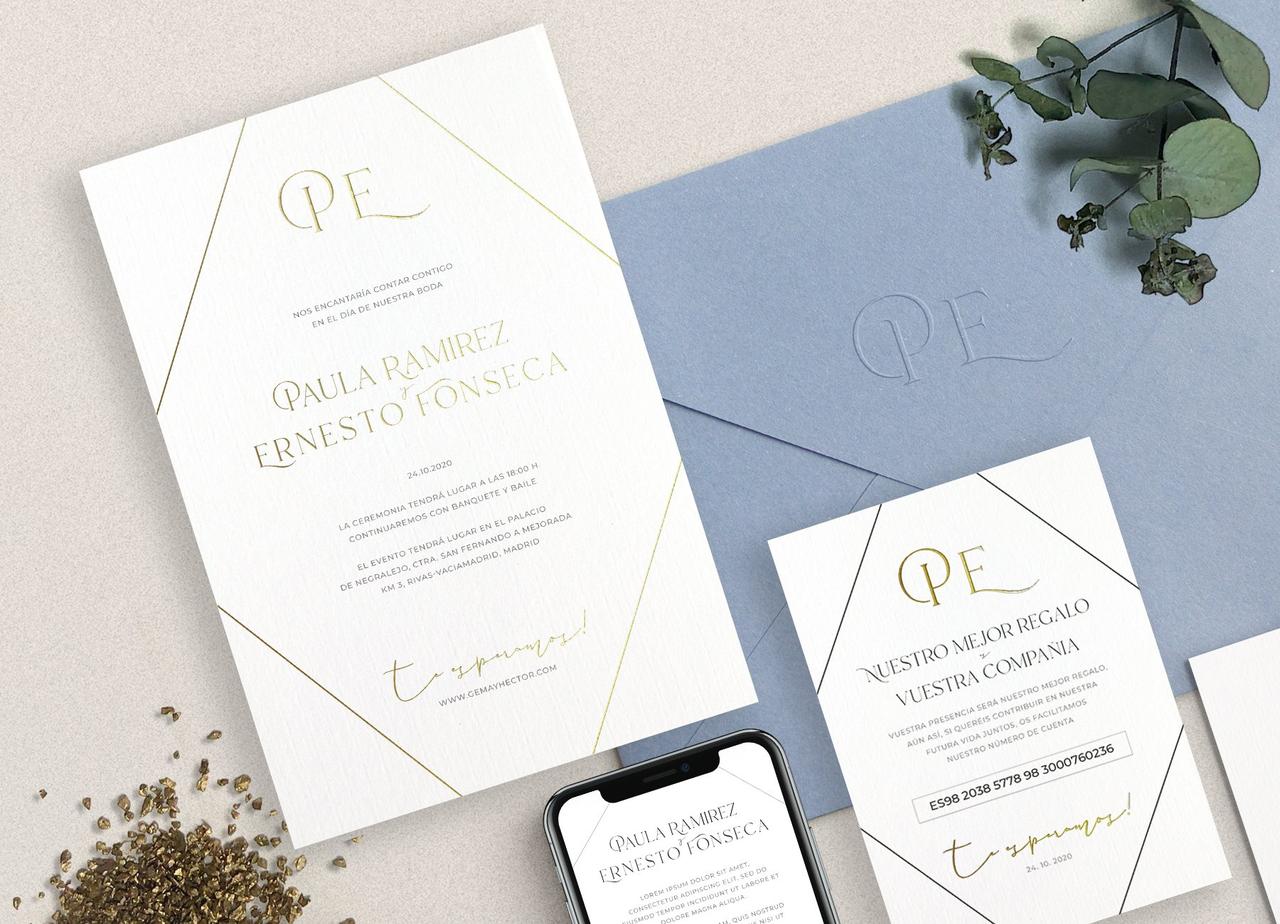 Cómo poner número de cuenta en invitación de boda: set de invitación de boda elegante con formas geométricas y tarjetas complementarias