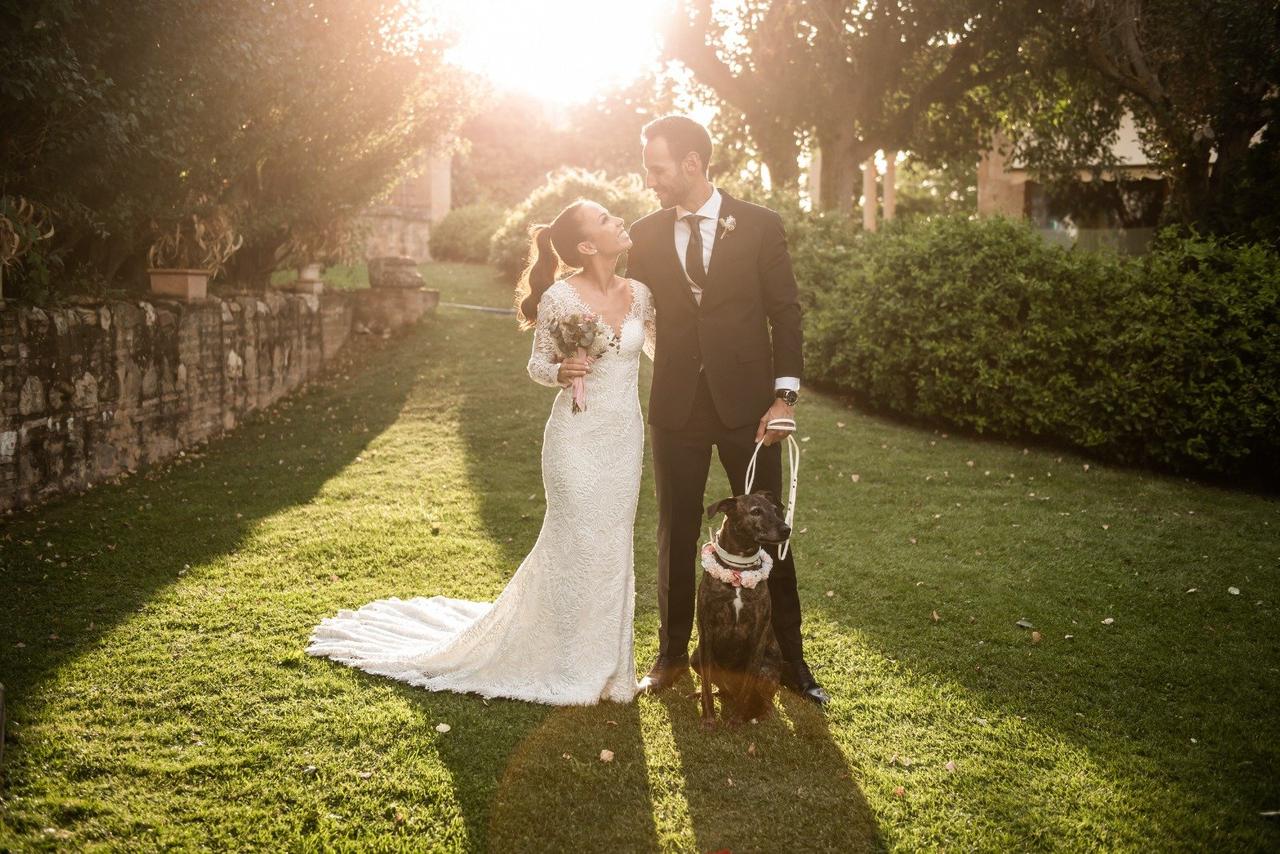 Perros en boda: recién casados posan en un exterior con césped, con su perro