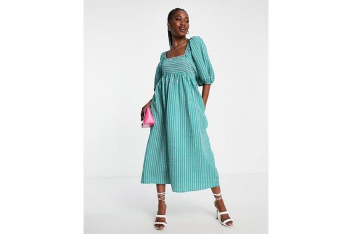 vestido de fiesta para mujer a rayas con mangas abullonadas, falda midi y escote cuadrado