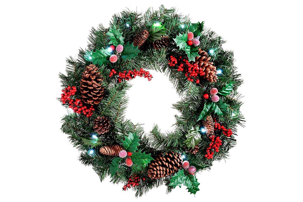 Corona de Navidad con piñas, bayas e iluminación