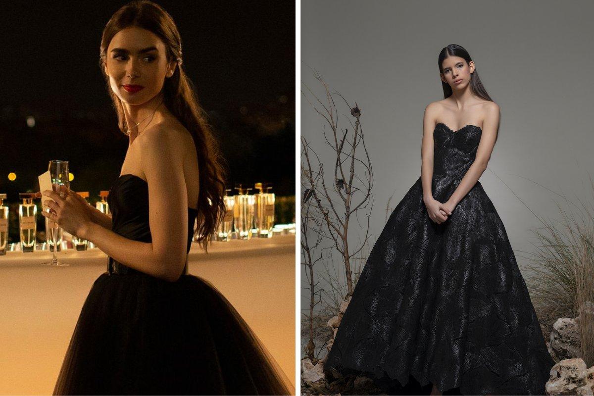 vestido de fiesta negro con escote palabra de honor de Lilly Collins en Emily in Paris