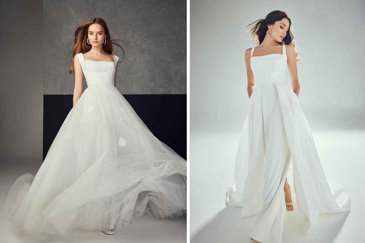 dos vestidos de novia con escote cuadrado y falda abierta