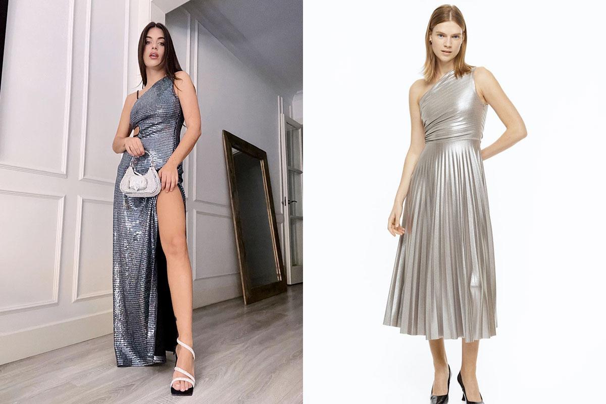 Dulceida con vestido metalizado plateado asimétrico con abertura en la falda