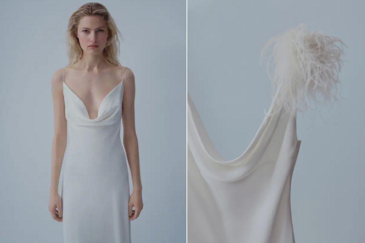 Vestido lencero con plumas