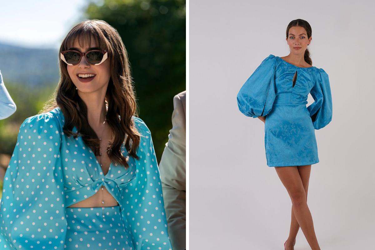 vestido azul celeste de Emily in Paris con abertura y mangas abullonadas decorado con lunares
