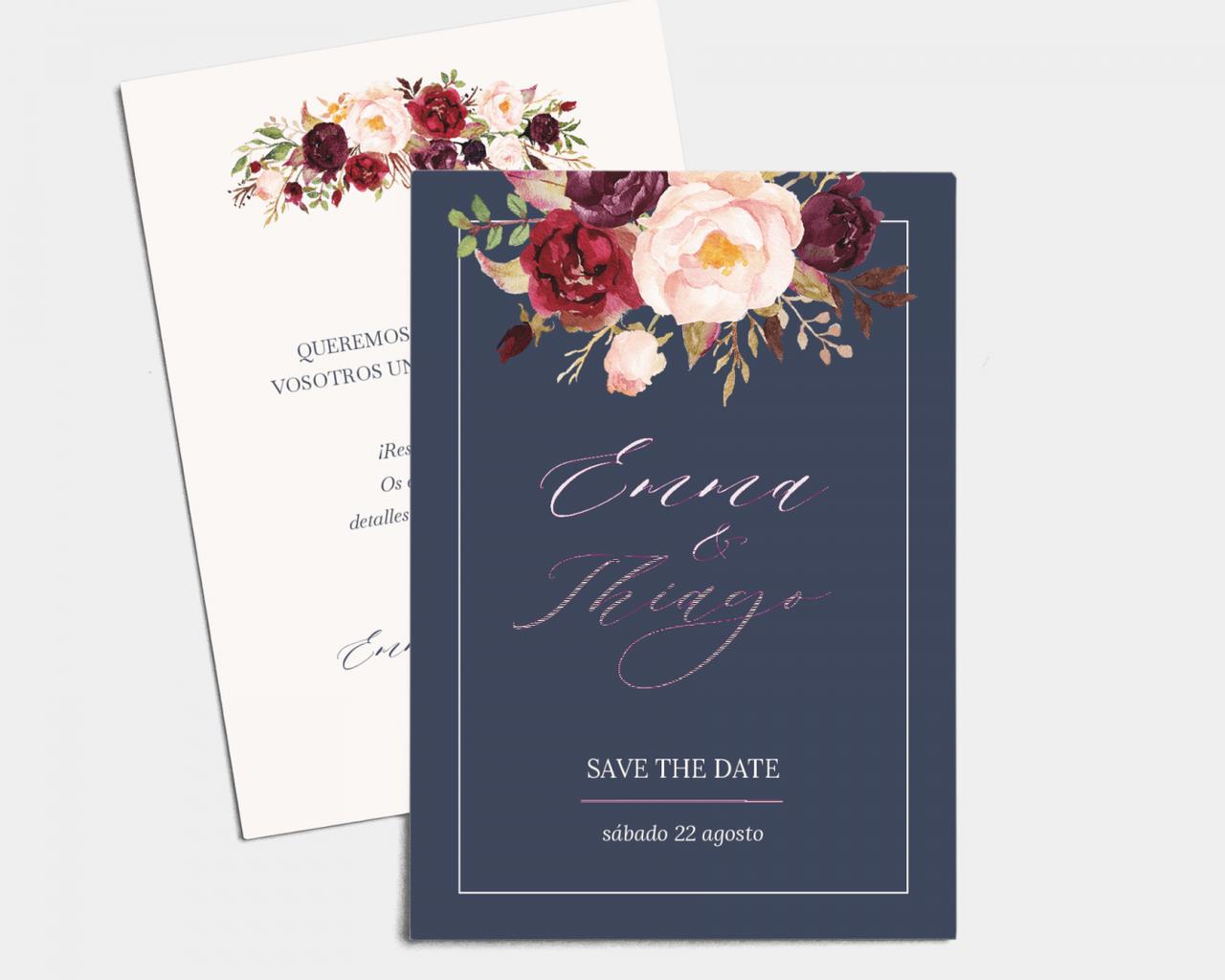 Boda low cost: save the date en color azul marino con una acuarela de flores de distintos colores