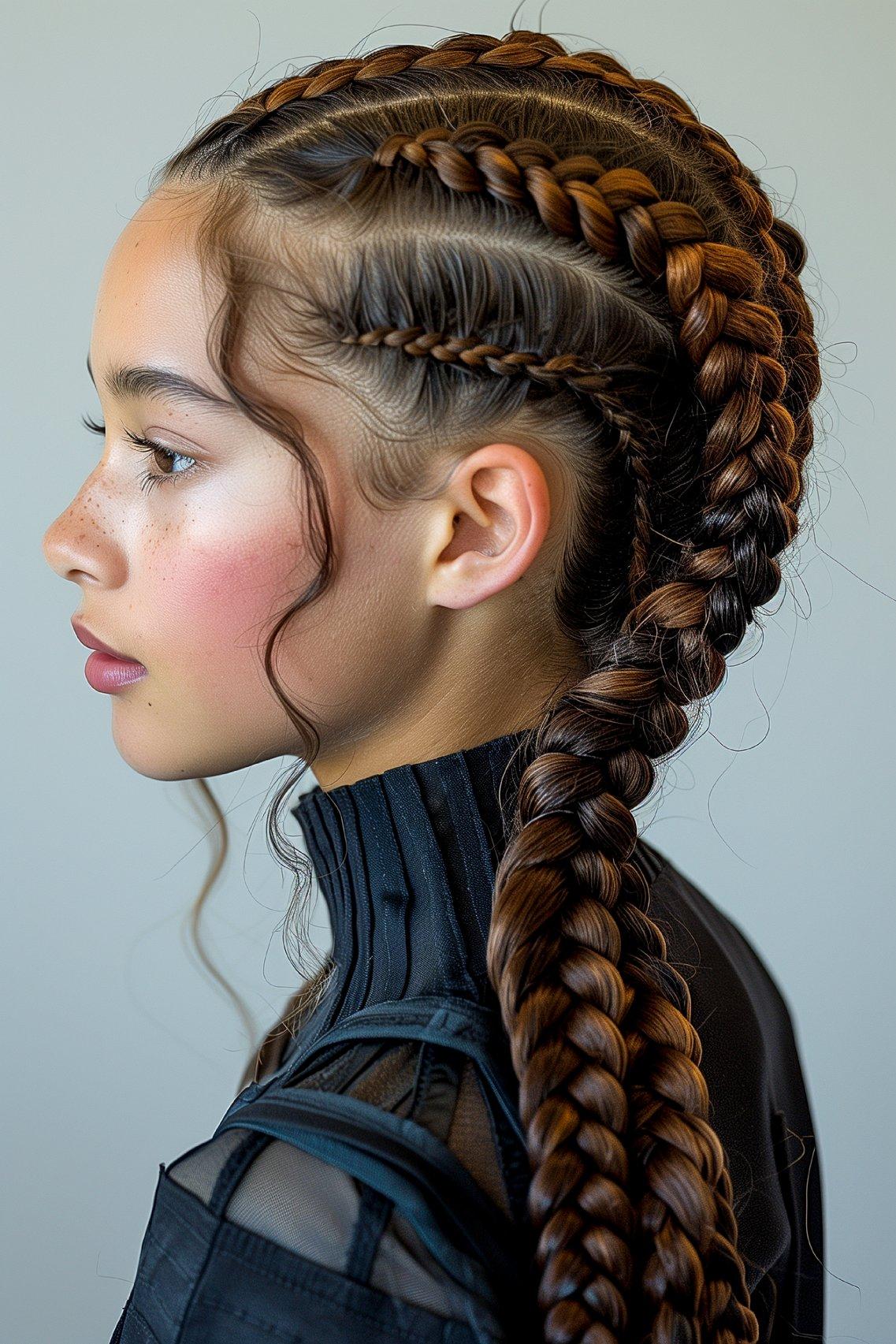 peinados trenzas boda: primer plano de mujer joven de perfil con trenzas boxeadoras y africanas de raíz 