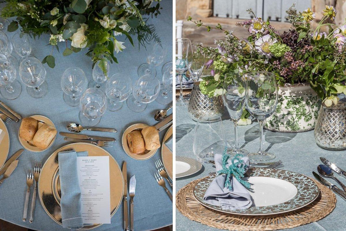 Boda de María Fernández-Rubíes: montaje de mesas con manteles y servilletas azules y flores en los centros de mesa