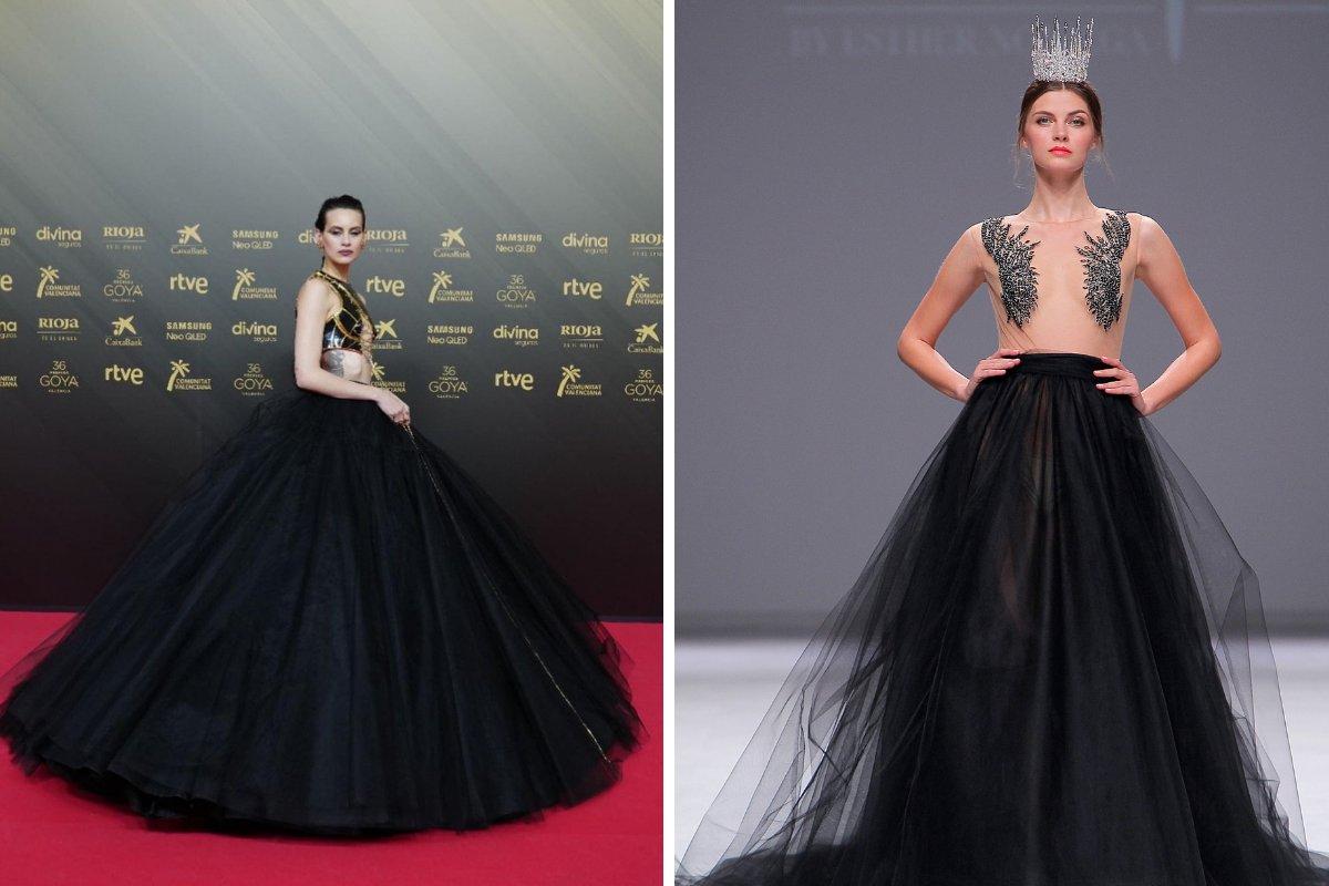 Alfombra roja de los Premios Goya 2022: falda negra voluminosa y top con transparencias y detalles coloridos
