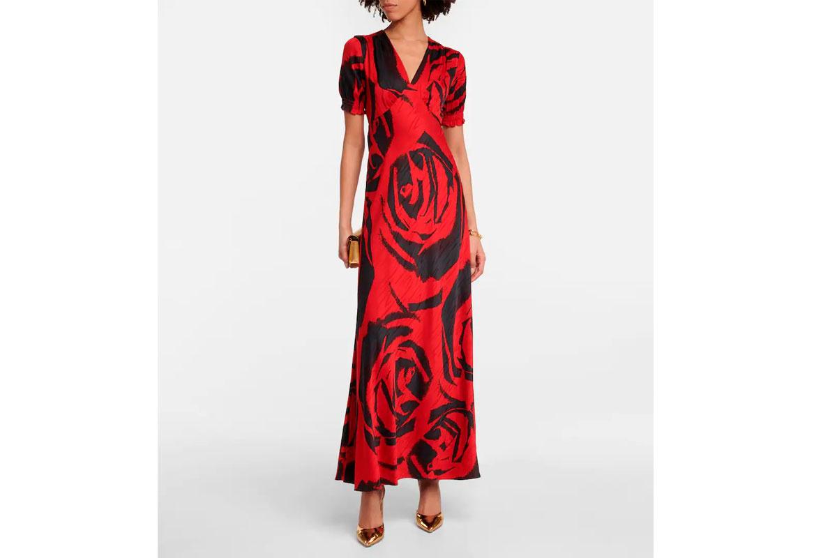 vestido de invitada rojo y negro con estampado de rosas Xl