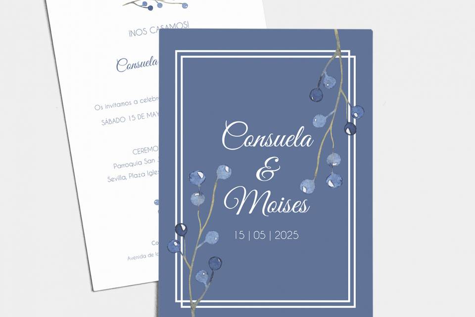 Invitación de boda sobre fondo azul con letras bancas e ilustraciones de elementos naturales