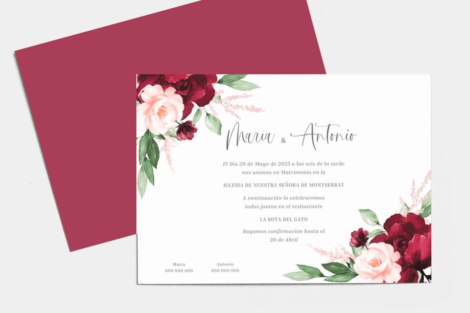 Тенденции свадебных приглашений 2022: открытка с цветочными мотивами в розово-бордовых тонах