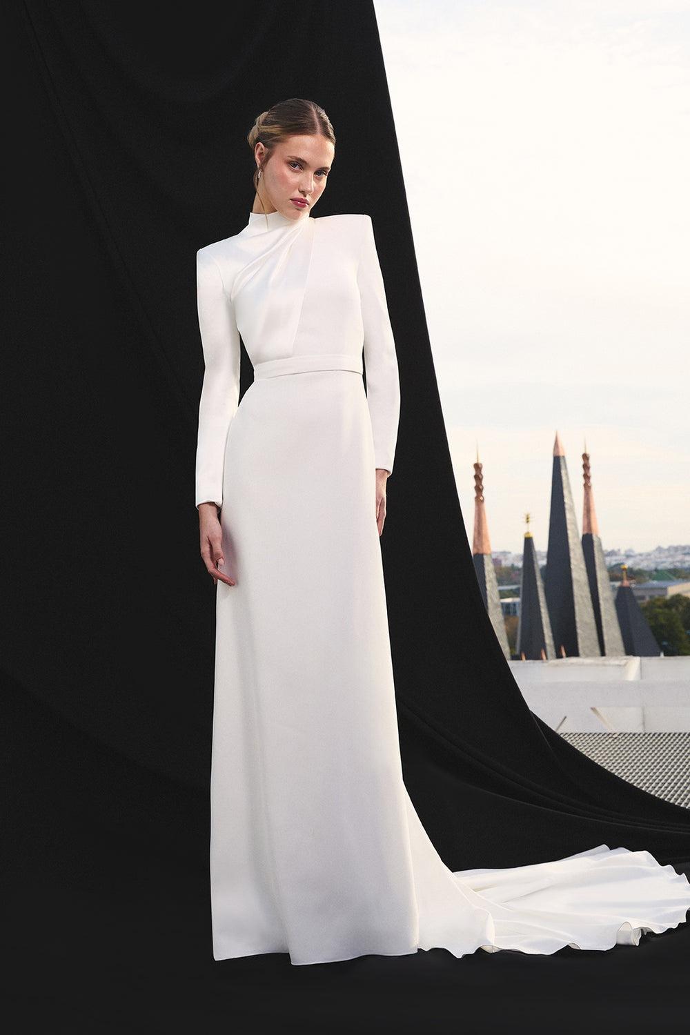 Trajes de novia manga larga con cuello Mao