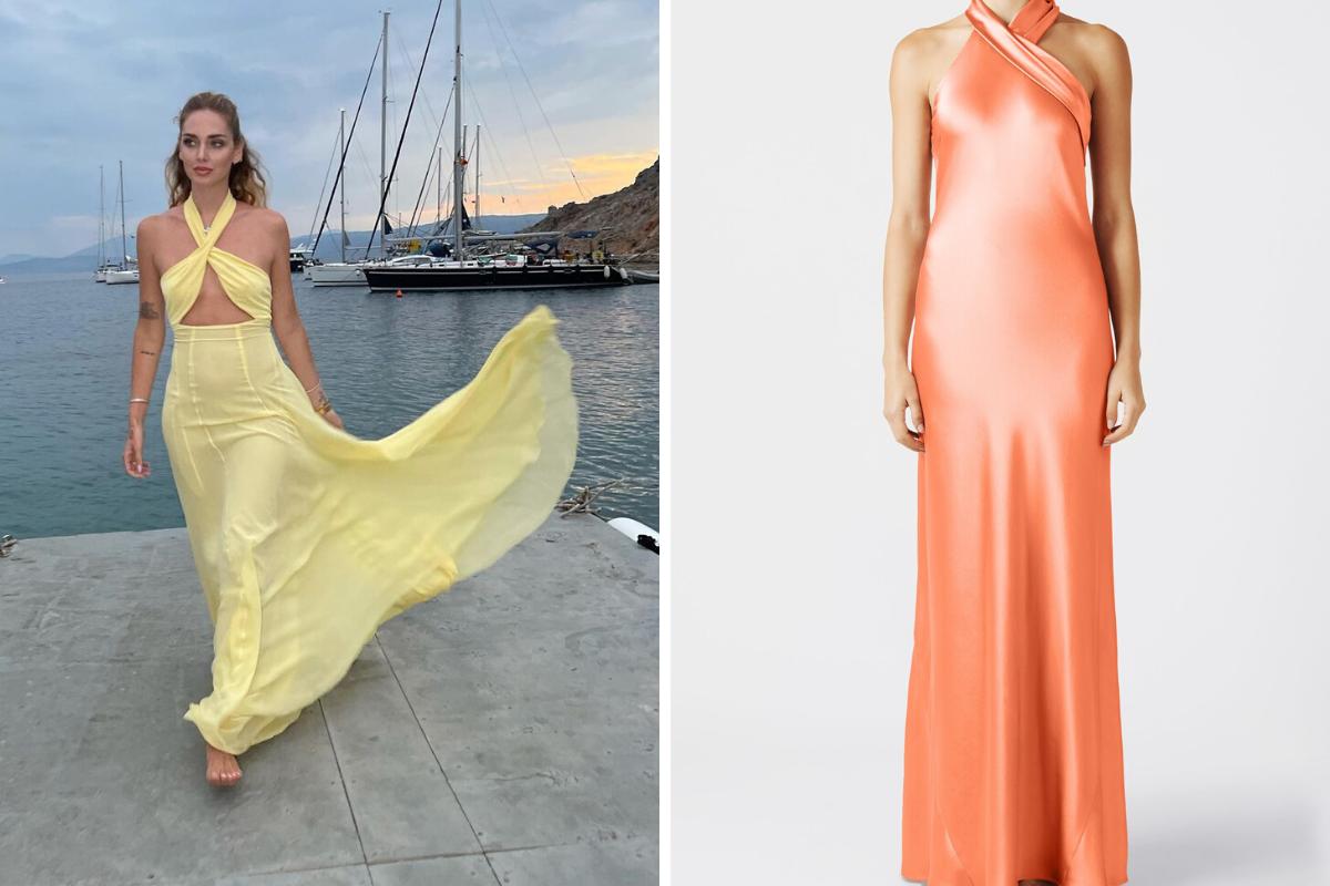 vestido de fiesta largo con cuello halter en tono alegre