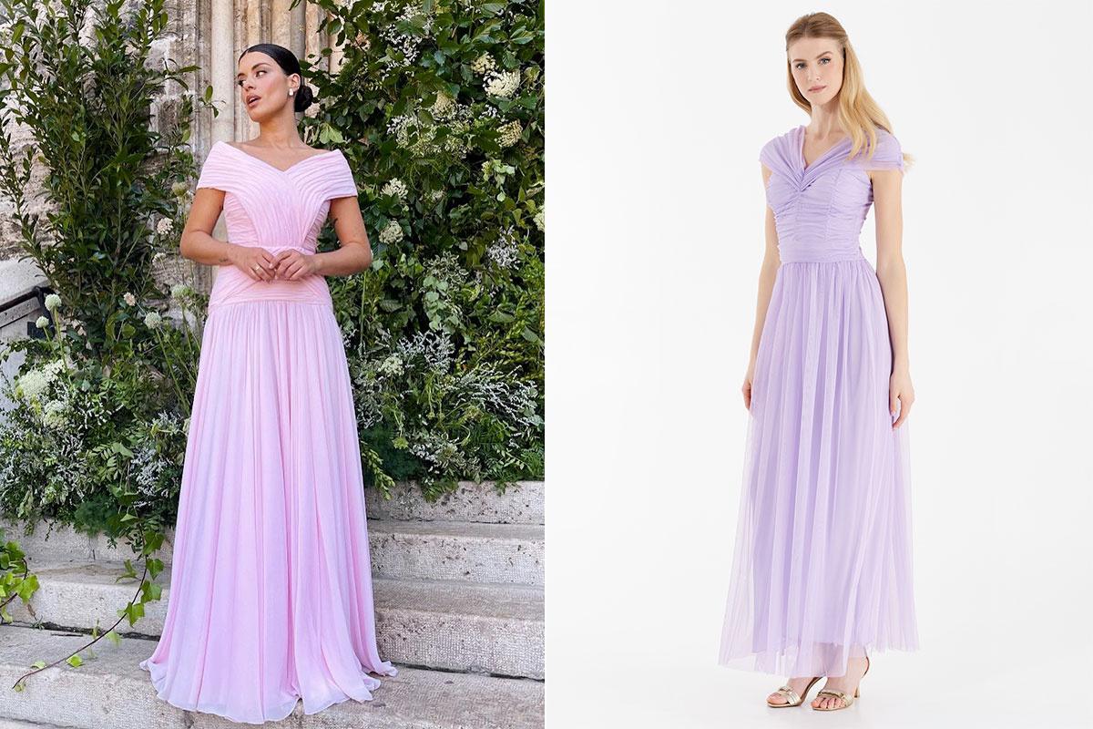 Dulceida con vestido romántico rosa largo con hombros escotados y falda con vuelo
