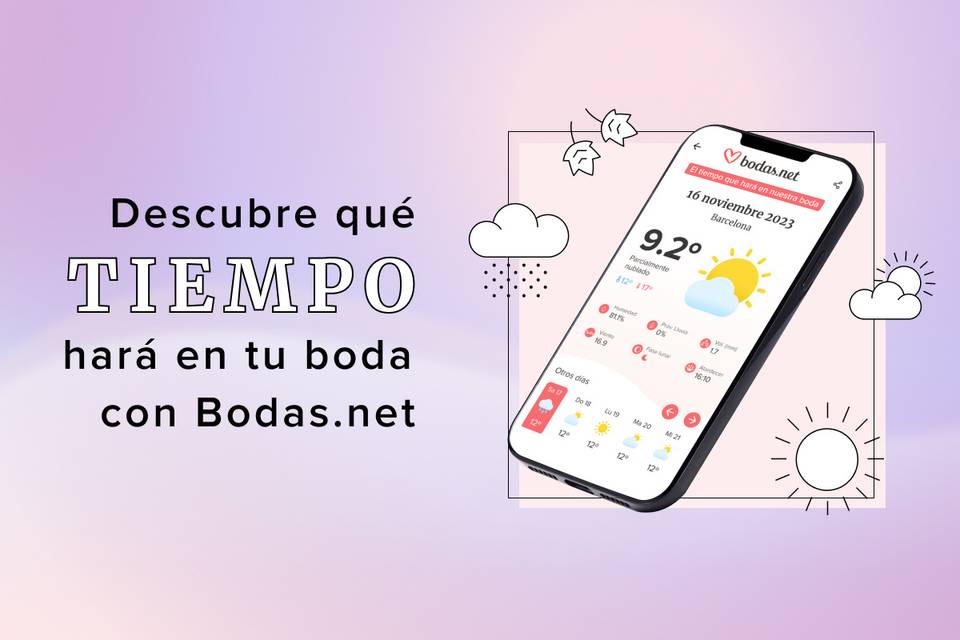 Carátula de presentación de una nueva herramienta gratuita de Bodas.net para saber qué tiempo hará el día de la boda