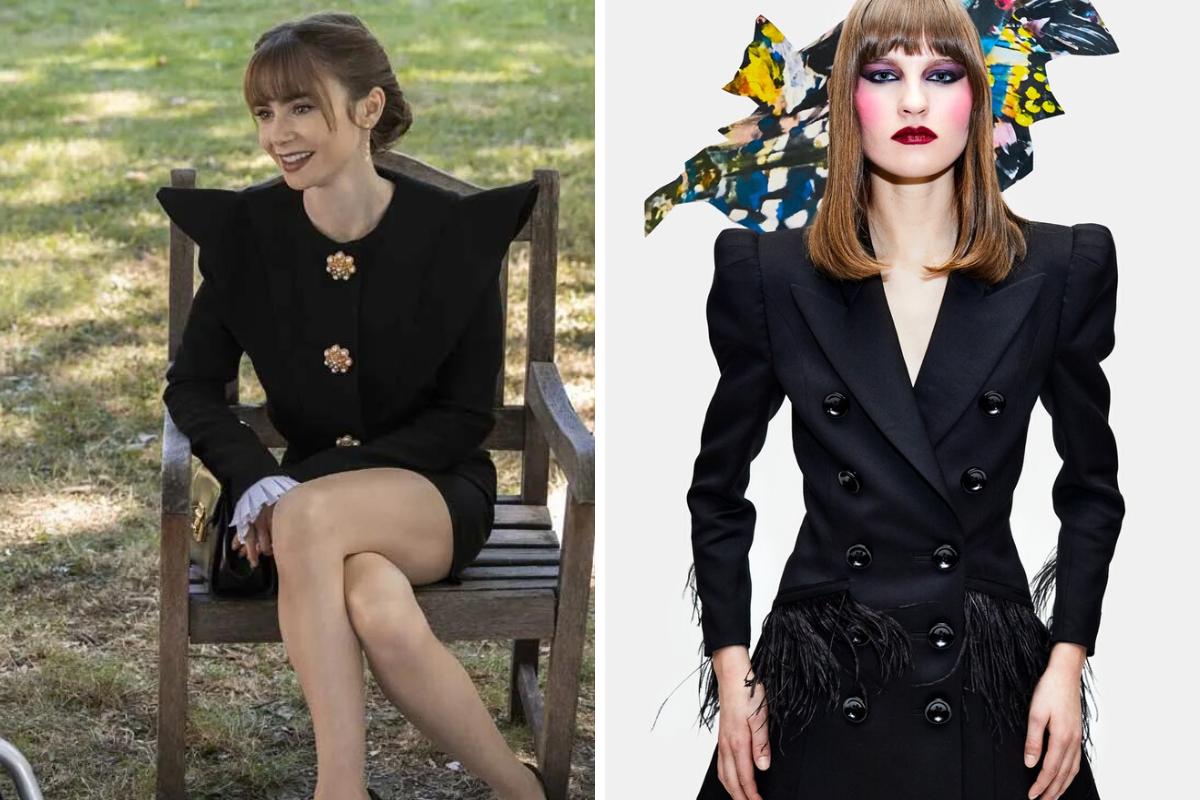 little black dress outfit de Emily in Paris con hombros marcados