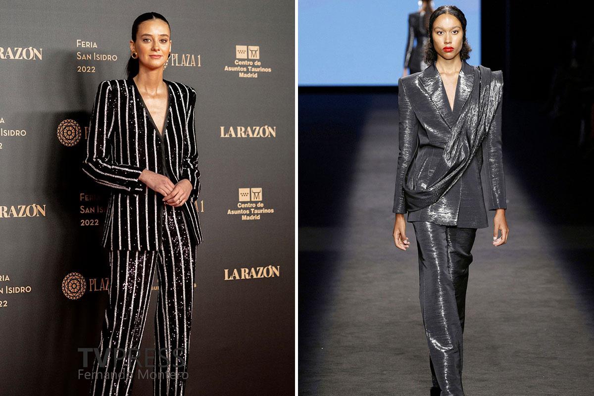 Traje de chaqueta y pantalón con lentejuelas y tejido brillante