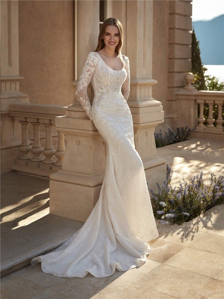 Vestidos de novia manga larga elegantes, con escote redondo
