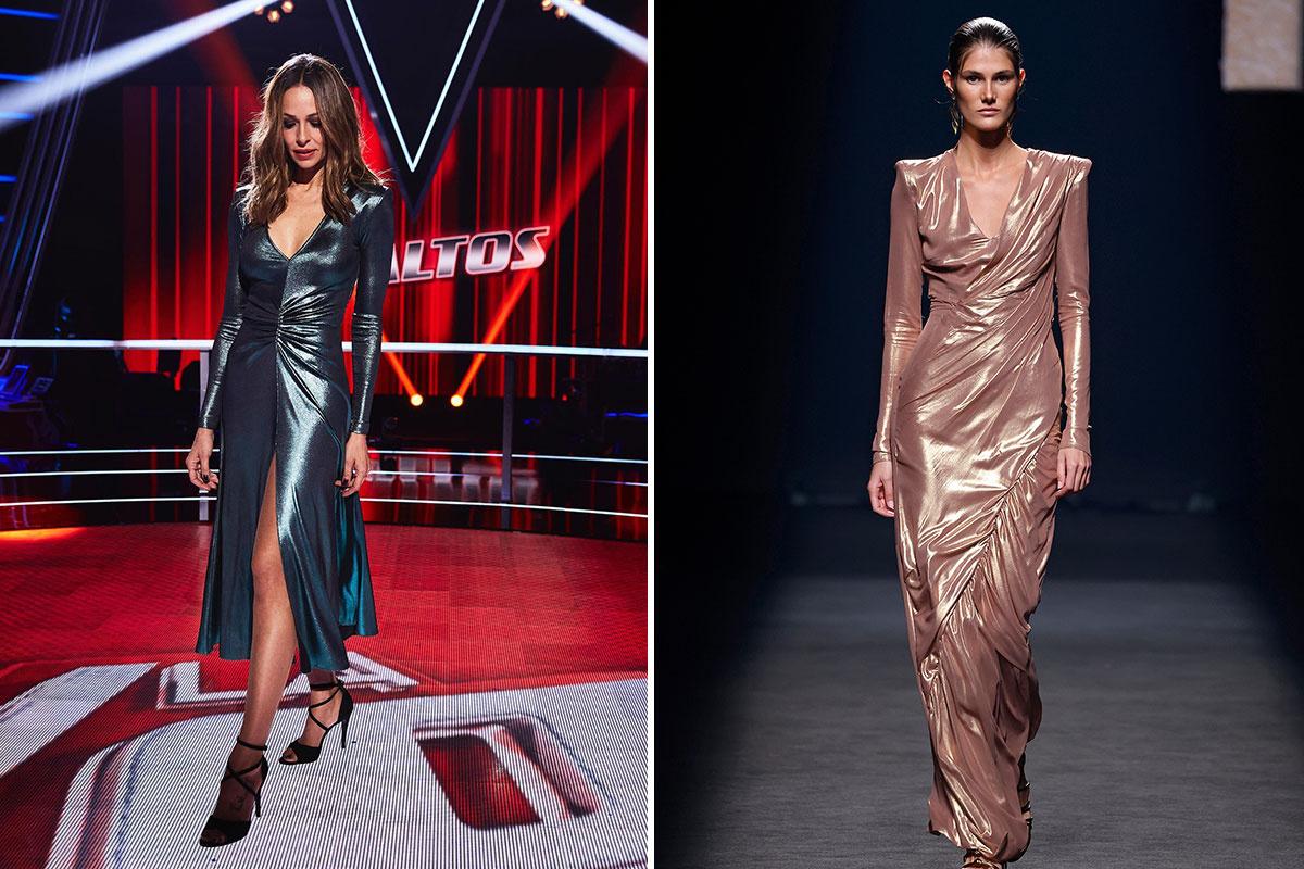 vestido metalizado con manga larga y escote en V