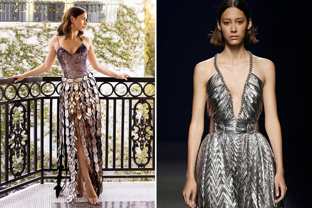 vestido de invitada metalizado con top ceñido y falda abierta