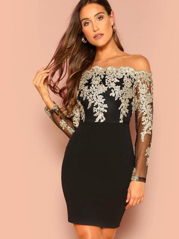 Vestido cóctel negro bordado plata