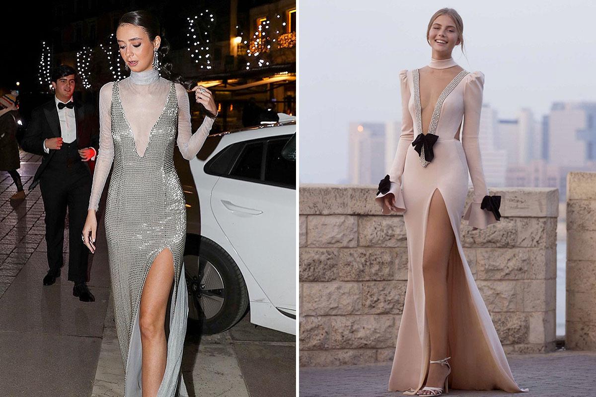vestido largo con escote V, transparencias y abertura en la falda