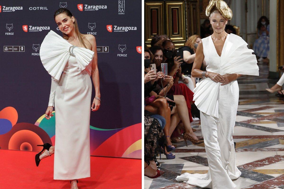 Alfombra roja gala Premios Feroz: vestido sencillo blanco entallado con detalle de maxi lazo