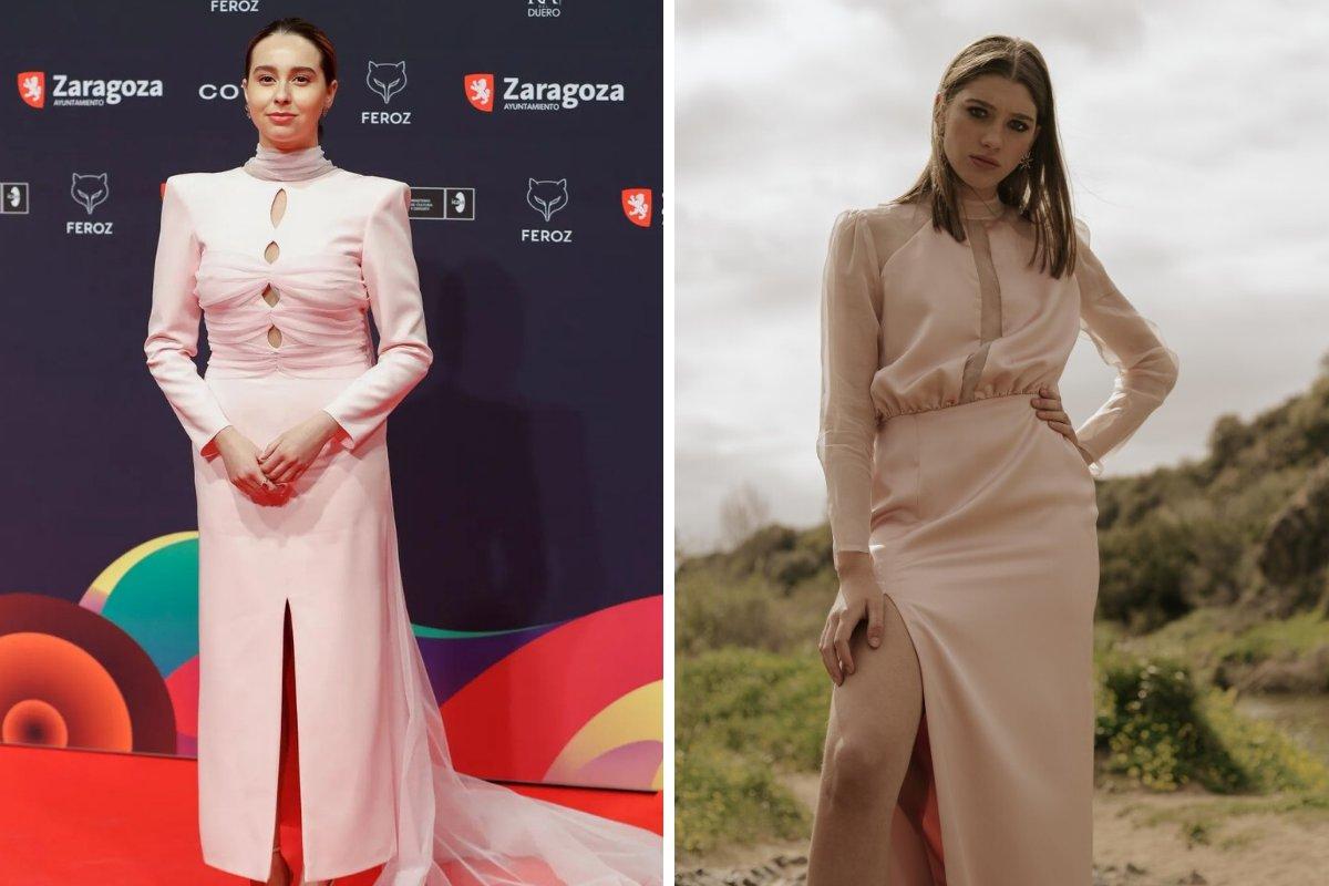 Alfombra roja gala Premios Feroz: vestido en color rosa con mangas largas, cuello alto y transparencias