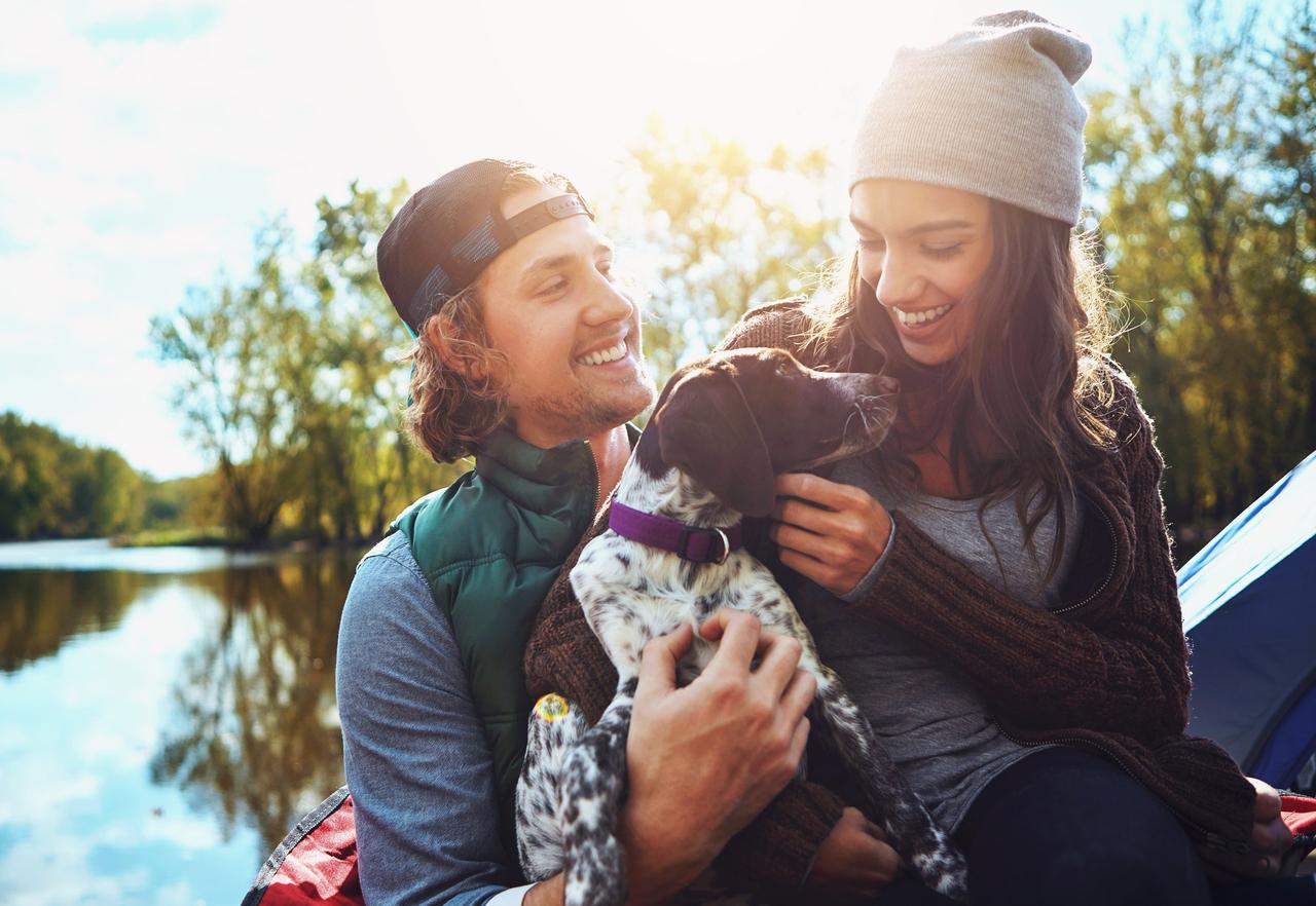 ¿Qué atrae a los hombres de las mujeres? Pareja sonriente y relajada en medio de la naturaleza con un perro