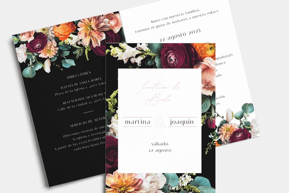 invitación de boda con fondo negro y flores coloridas