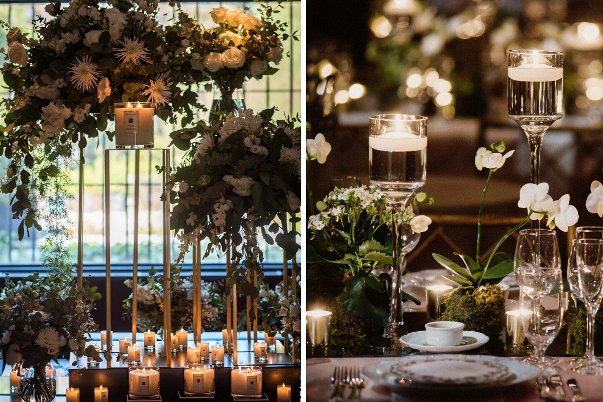 Boda de María Fernández-Rubíes: decoración del evento con flores blancas y velas