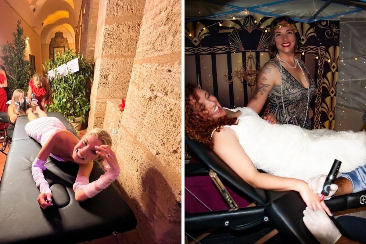 tatuador para bodas con unas chicas estiradas en una camilla