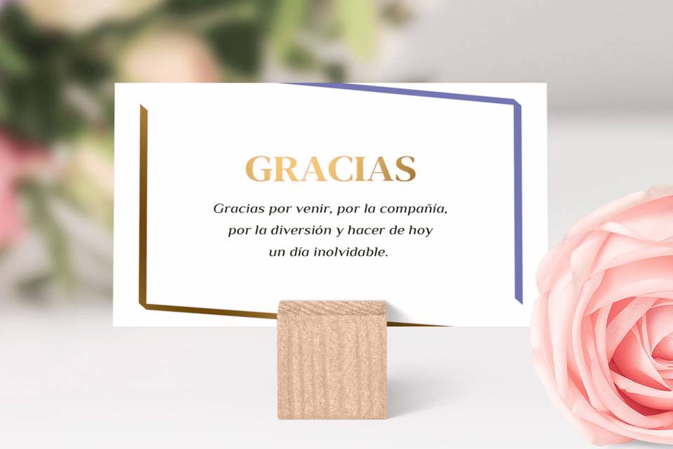 Tarjeta minimalista con una de las frases agradecimiento boda para los invitados: Gracias por venir, por la compañía, por la diversión y hacer de hoy un día inolvidable