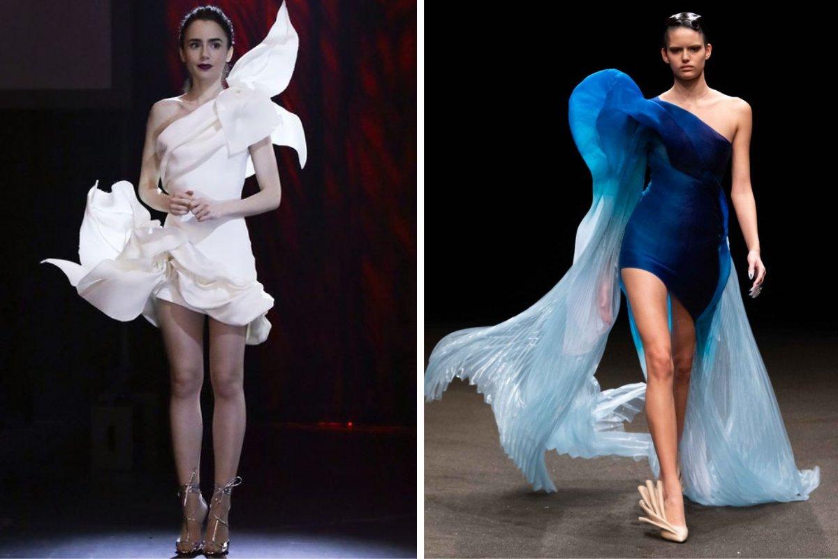 vestido de fiesta corto asimétrico con detalles estructurales en el hombro visto en Emily in Paris